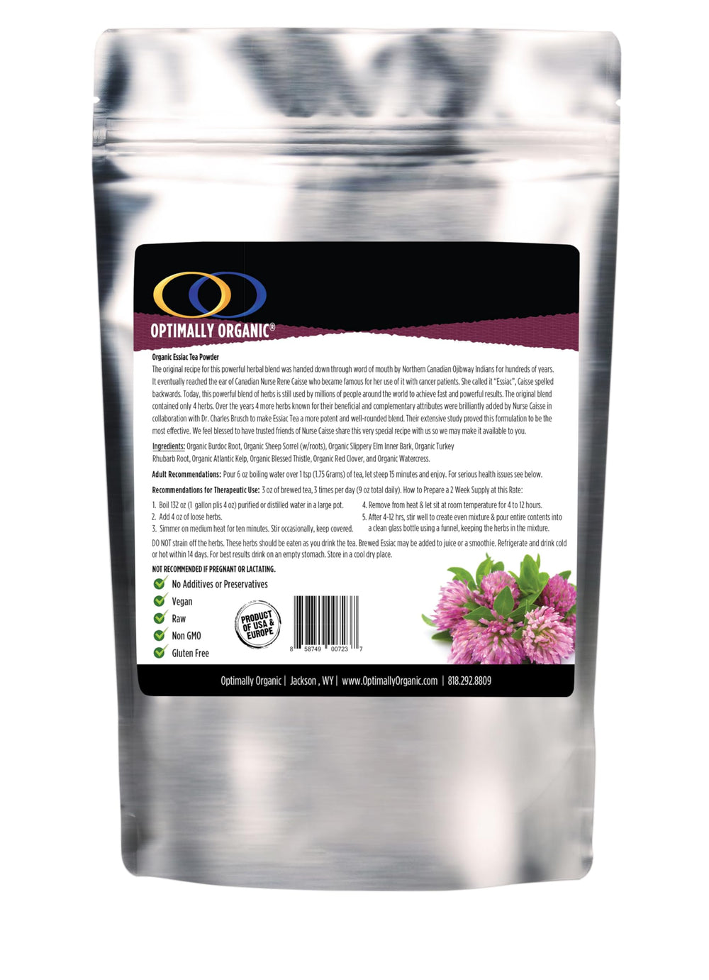 Optimally Organic ESSIAC Tea packaging featuring USA-grown herbs for quality.