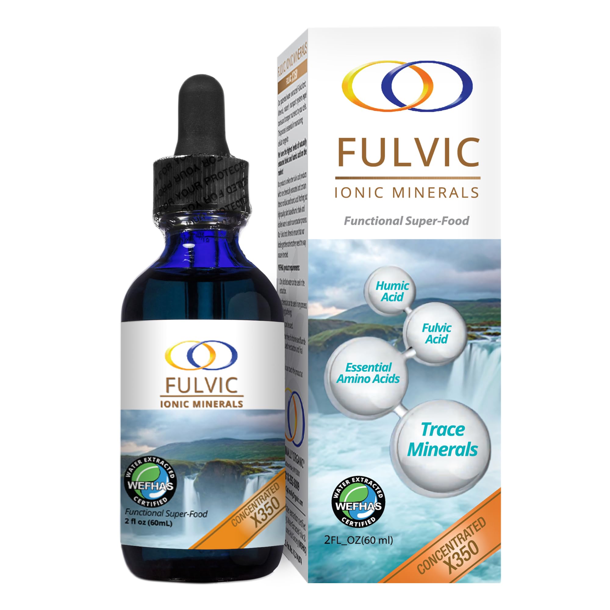 Optimally Organic Fulvic Ionic Minerals X350 bottle on countertop for daily mineral support.