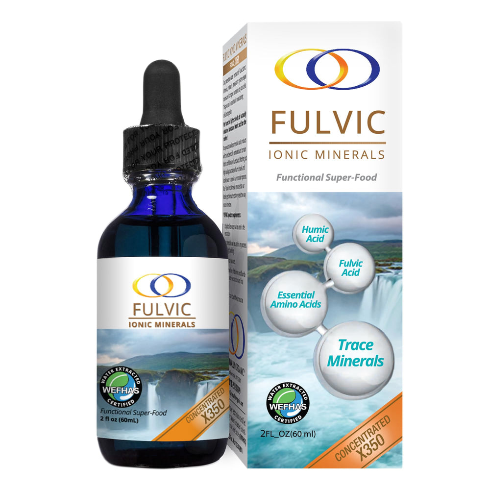 Optimally Organic Fulvic Ionic Minerals X350 bottle on countertop for daily mineral support.