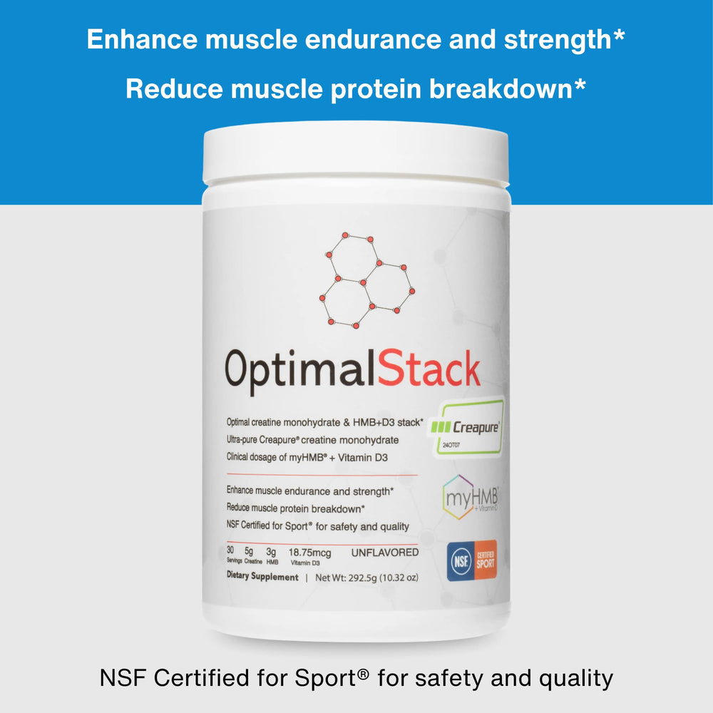 OptimalStack bottle pouring creatine to illustrate easy daily supplementation