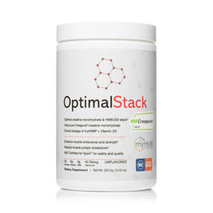 OptimalStack creatine powder bottle highlighting high-purity support for workouts