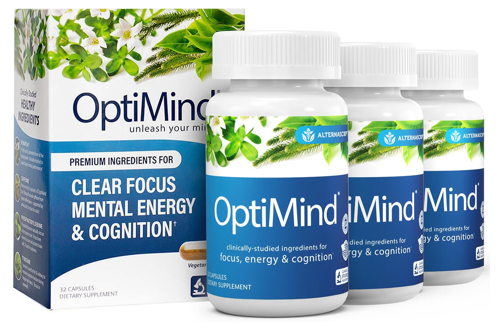 Optimind bottle front view signaling daily cognitive support for focus.