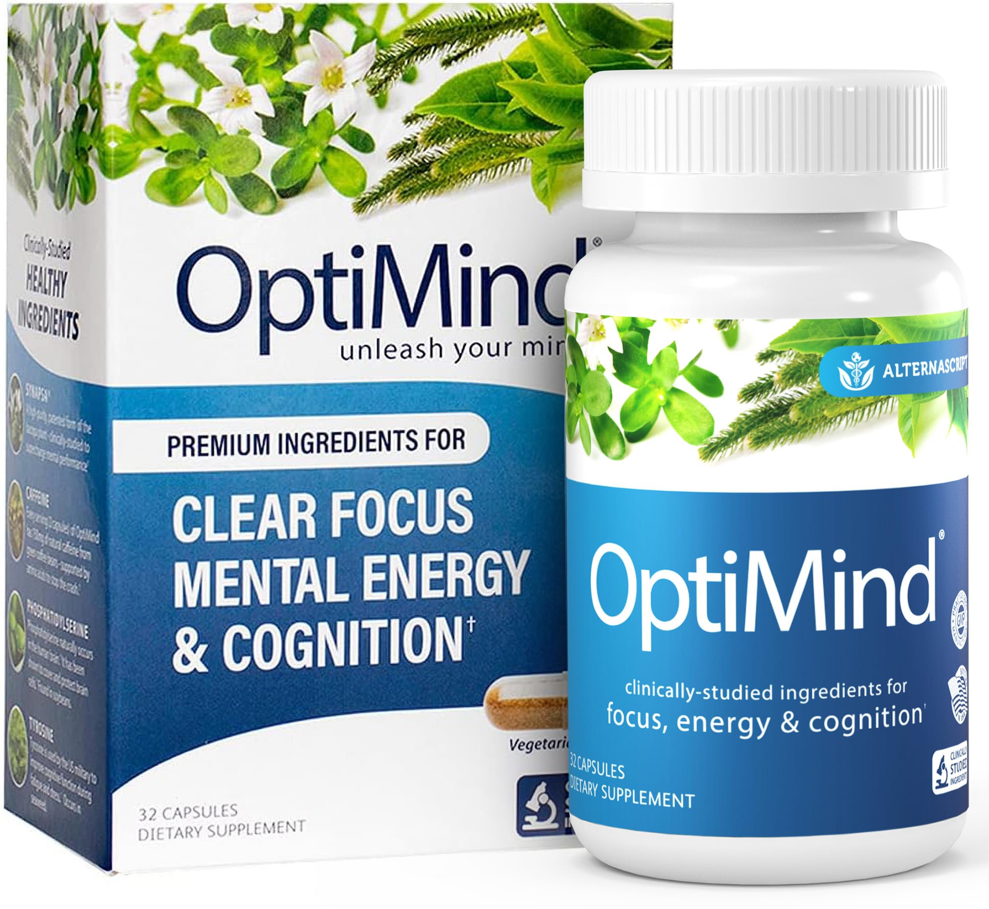 Optimind brain supplement bottle front showing focus support