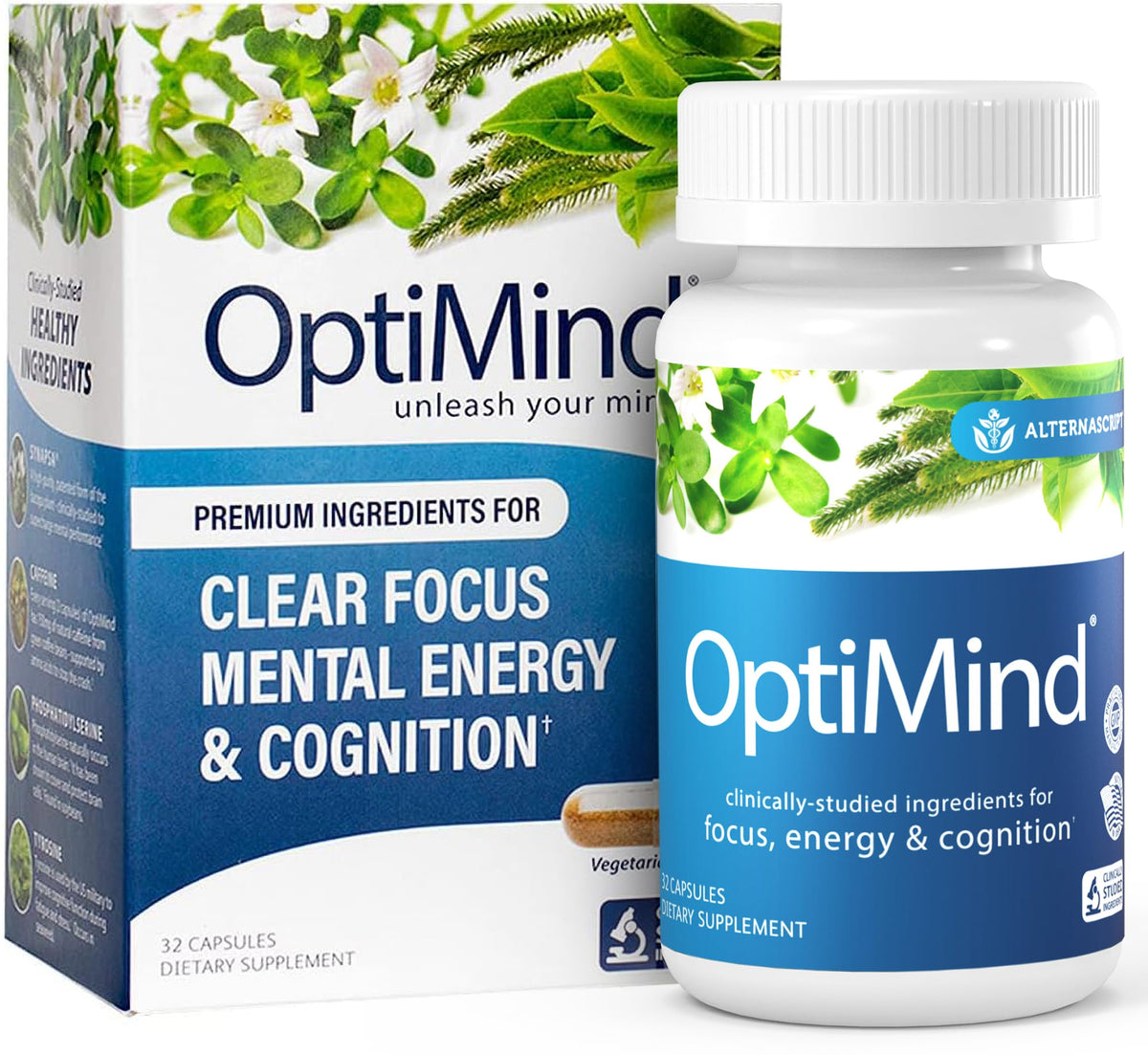 Optimind brain supplement bottle front showing focus support