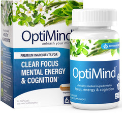 Optimind brain supplement bottle front showing focus support