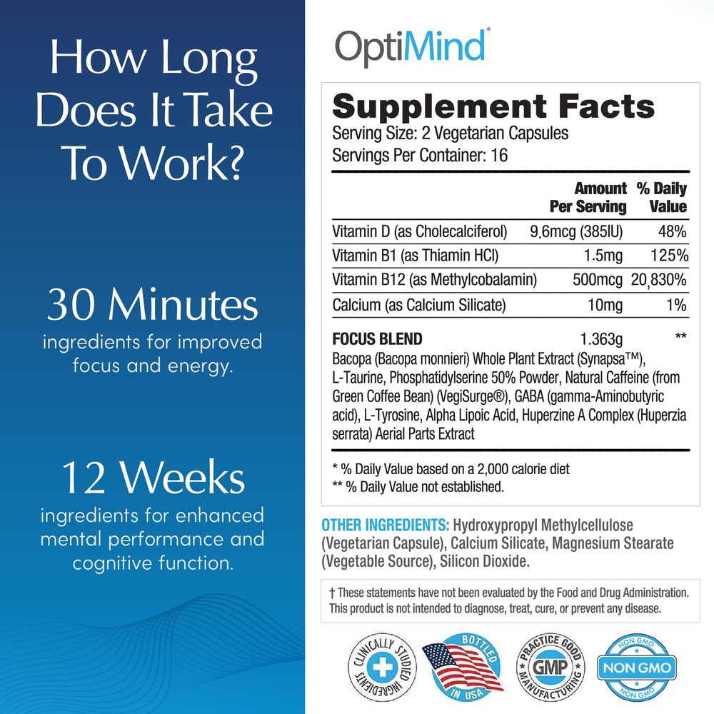 Optimind huperzine A plant extract label for mental clarity.