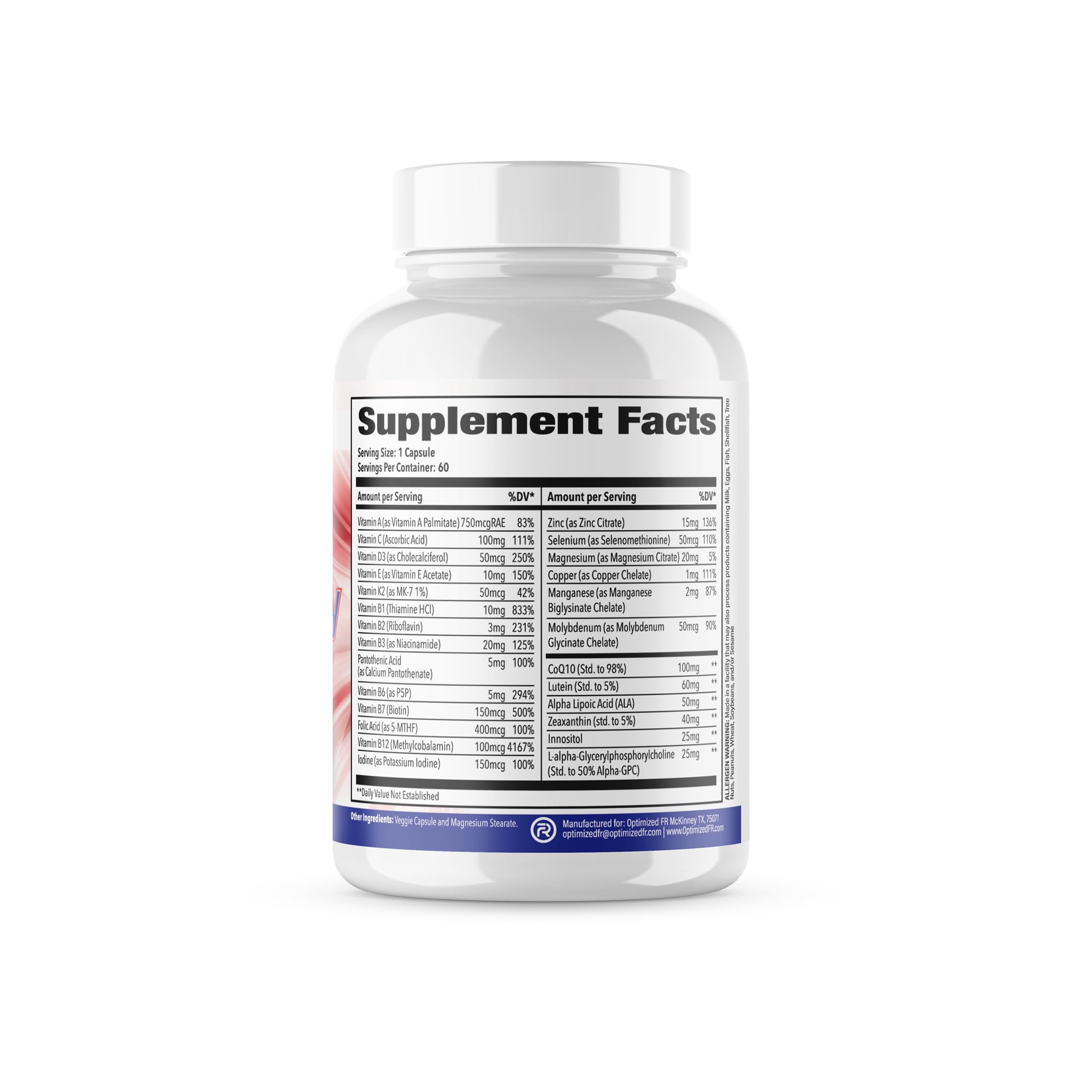 Optimized FR Fit4Duty bottle back shows servings and nutrient details.