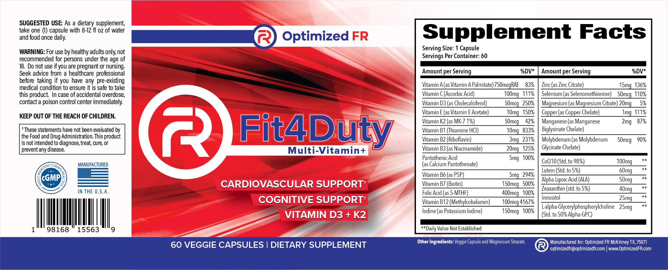 Optimized FR Fit4Duty label close-up highlights D3, K2, CoQ10.