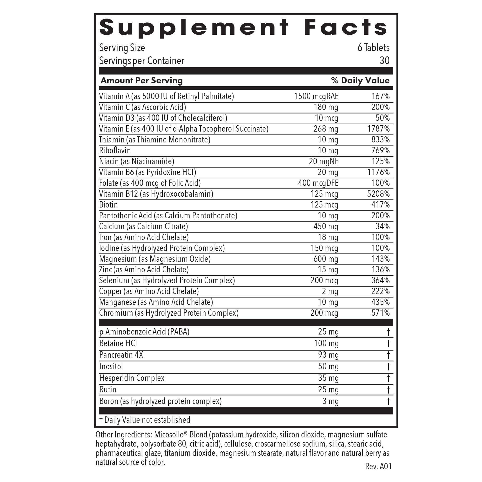 Optimox Gynovite ingredients nutrition facts panel featuring essential vitamins and minerals.