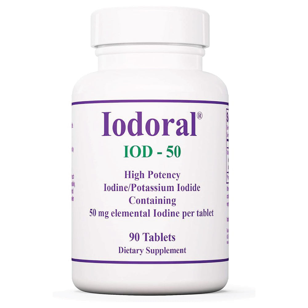 Optimox Iodoral 50 mg bottle close-up for thyroid support.