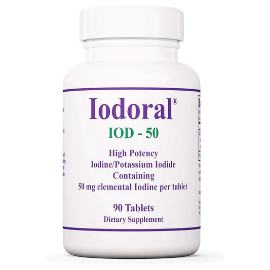 Optimox Iodoral 50 mg bottle close-up for thyroid support.