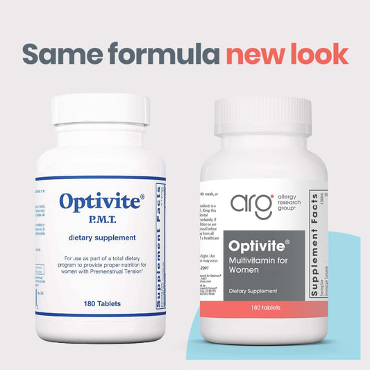 Optimox Optivite PMS tablets close-up showing dosage details for balance