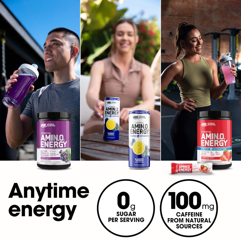 Optimum Nutrition Amino Energy flavor options shown on tasting cup for versatile use.