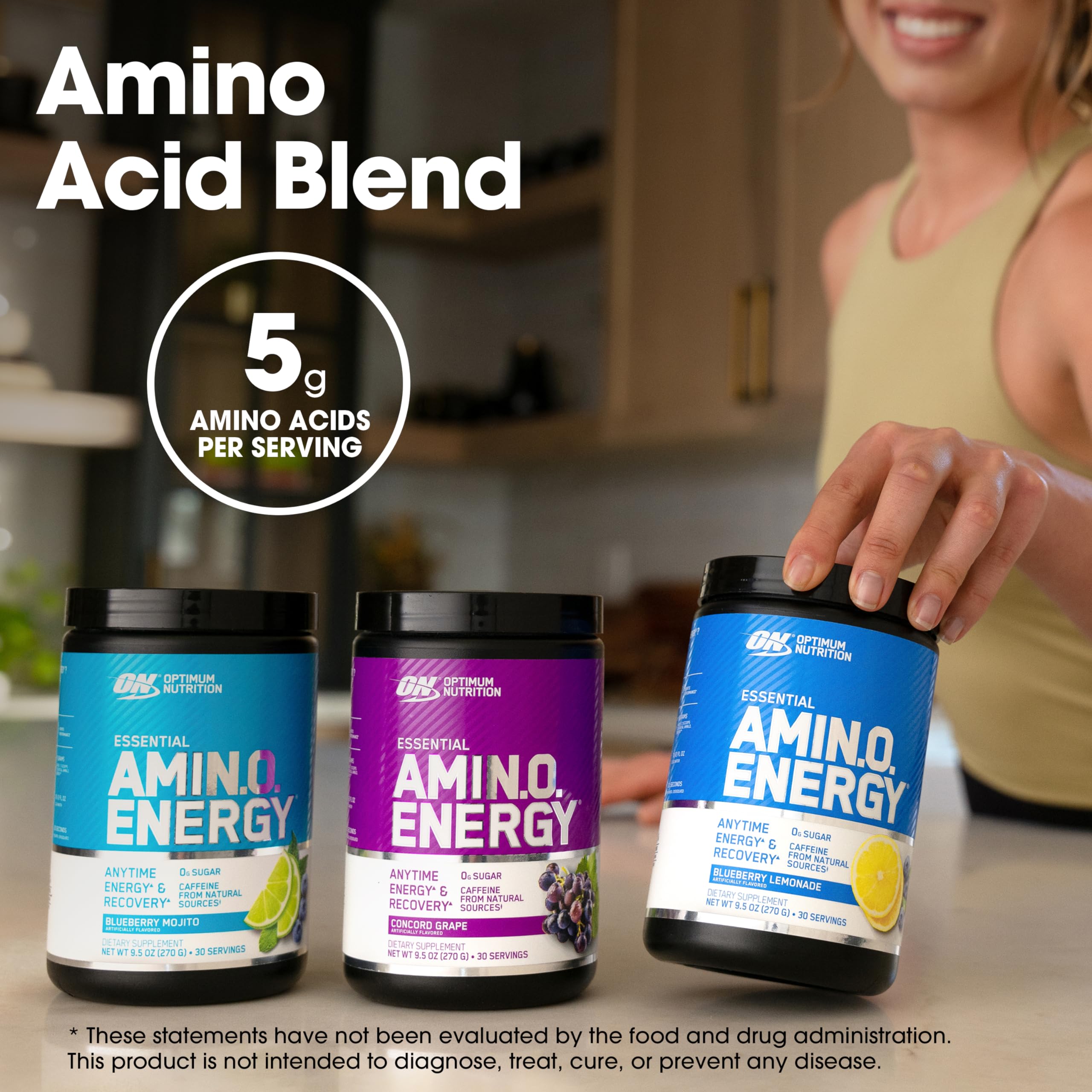 Optimum Nutrition Amino Energy green tea extract icon signals natural energy support.