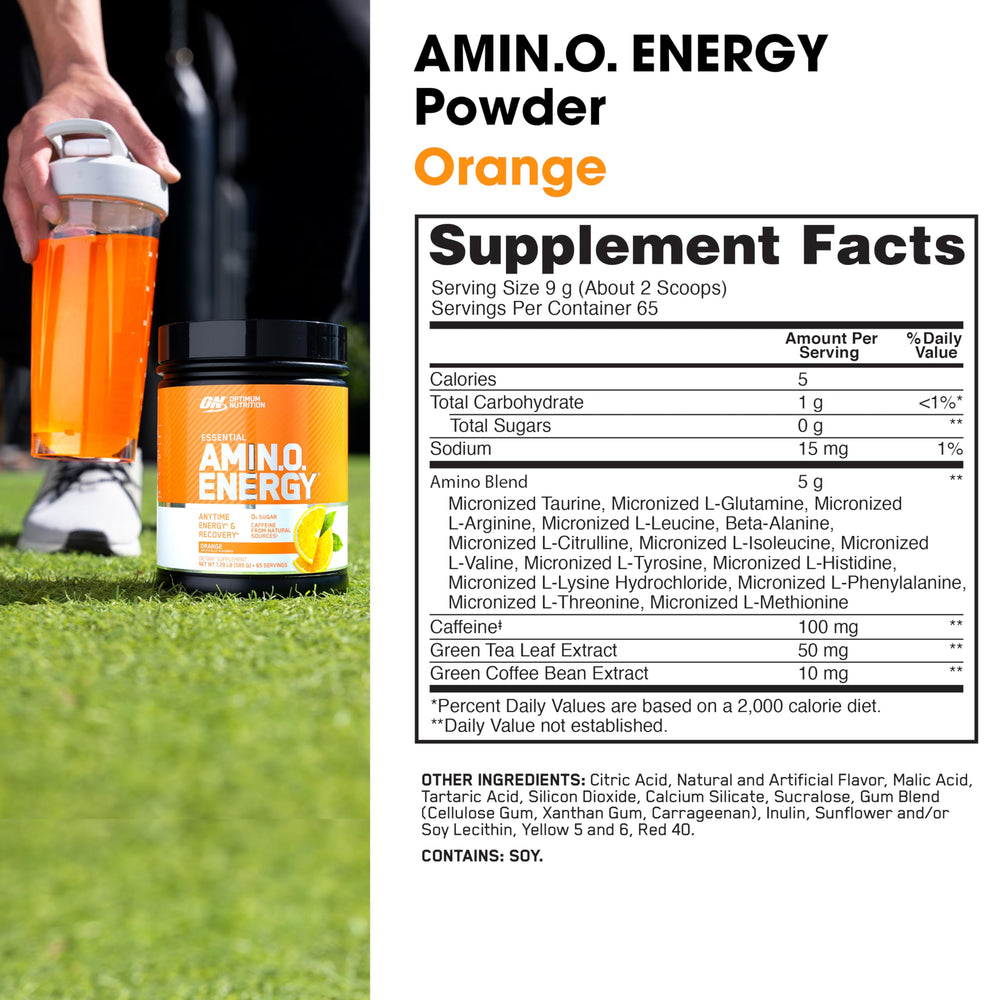 Optimum Nutrition Amino Energy being poured into a glass for quick hydration and focus.