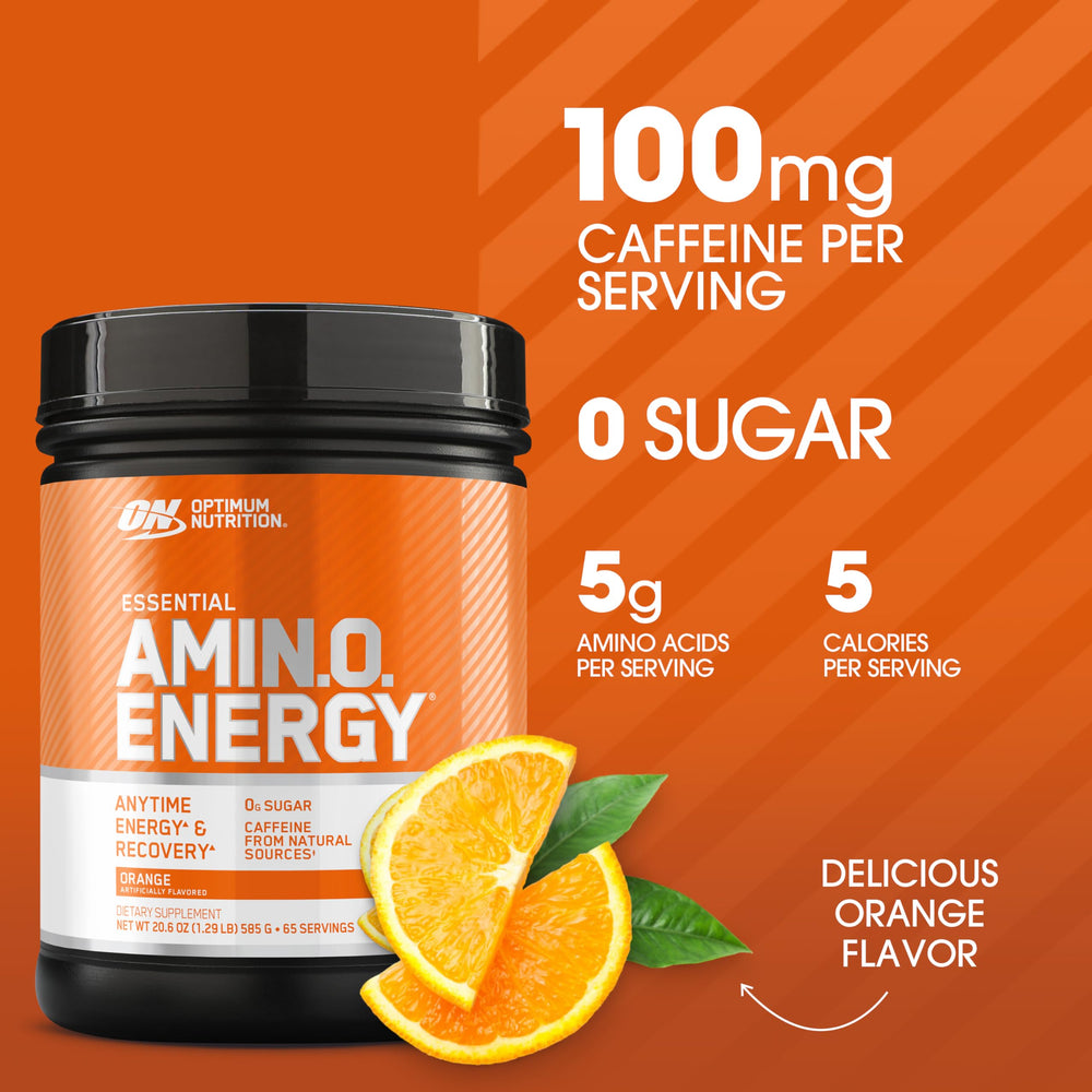 Optimum Nutrition Amino Energy powder with scoop illustrating daily use and flavor variety.