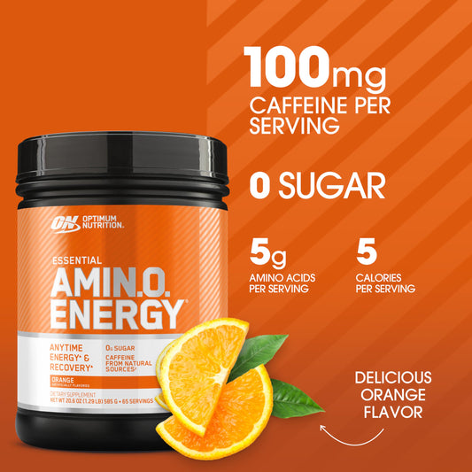 Optimum Nutrition Amino Energy powder with scoop illustrating daily use and flavor variety.