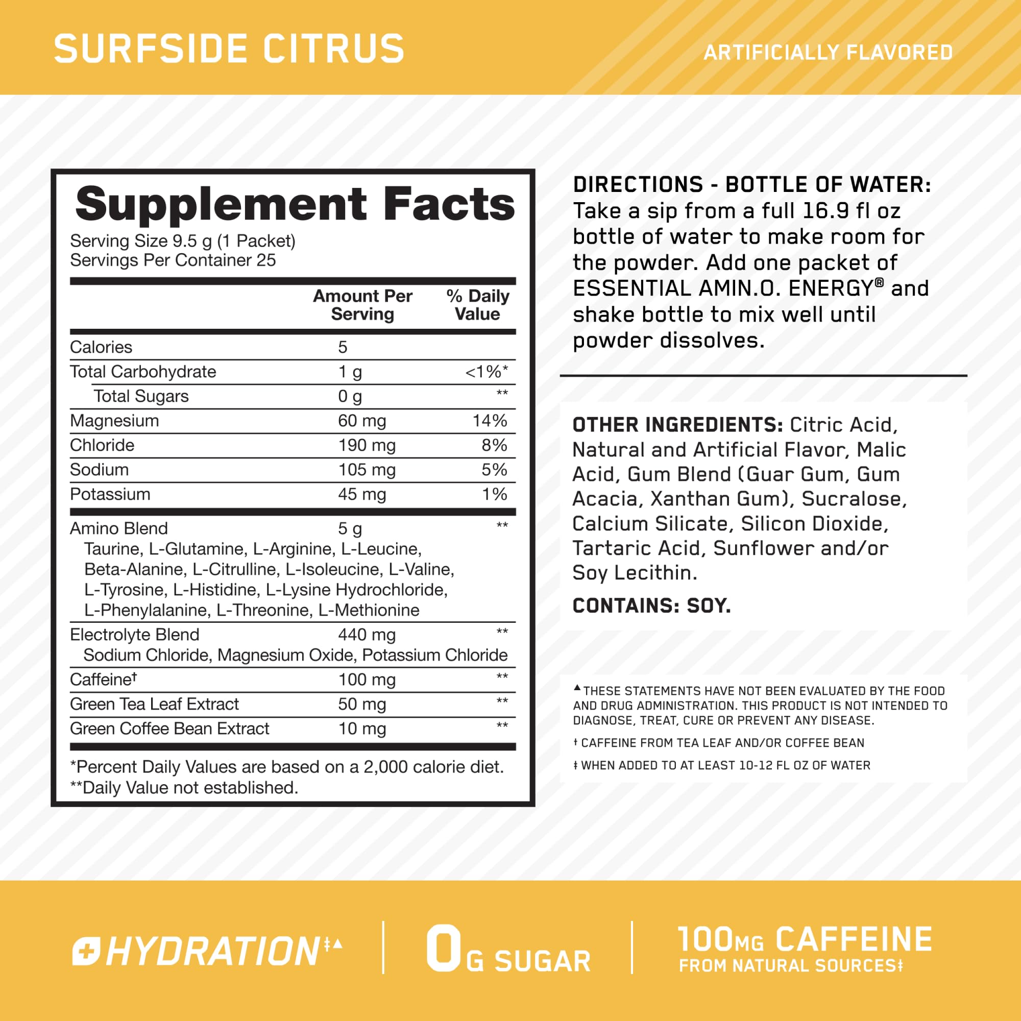 Optimum Nutrition Amino Energy Surfside Citrus flavor box beside a glass of water