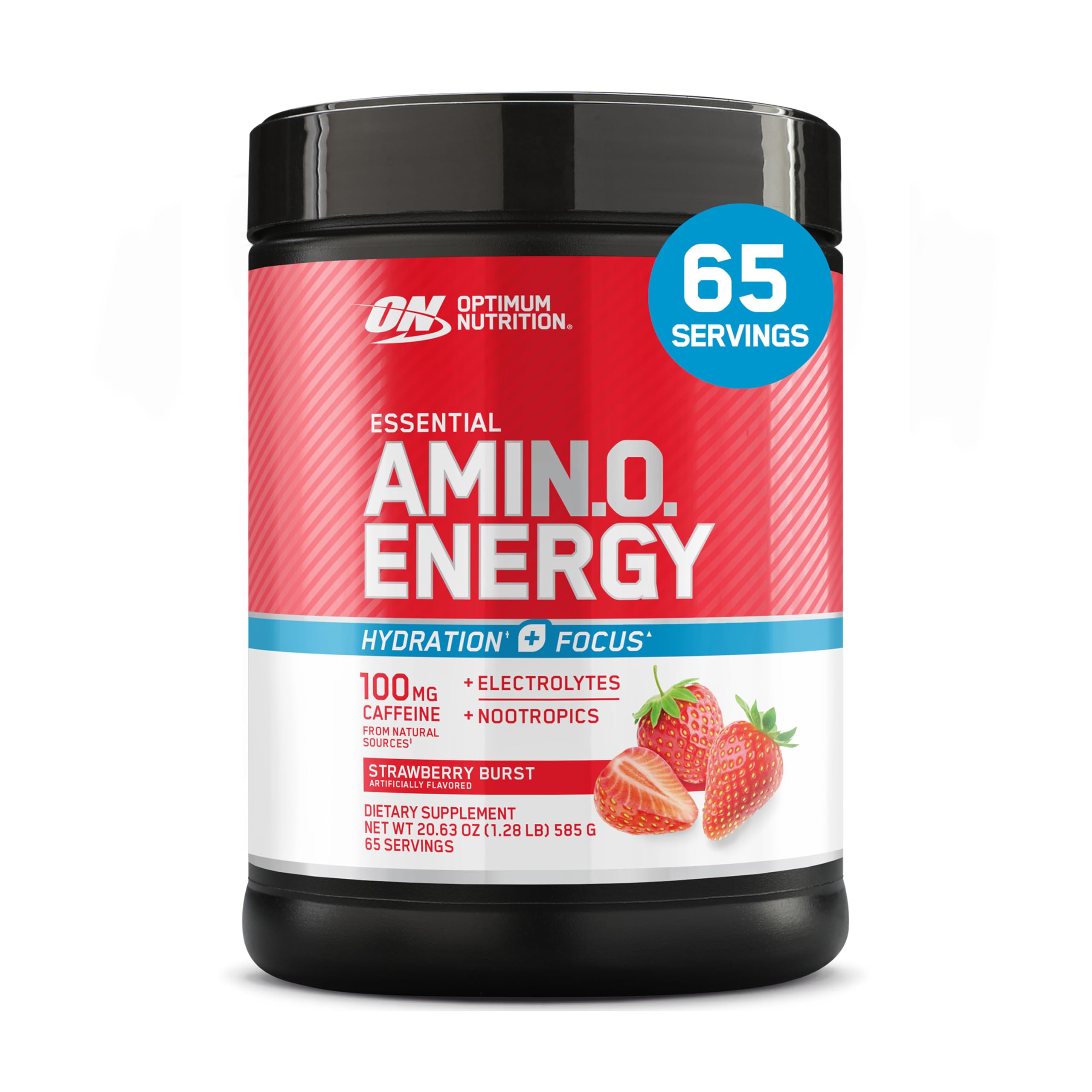 Optimum Nutrition Amino Energy Strawberry Burst bottle ready for pre-workout focus