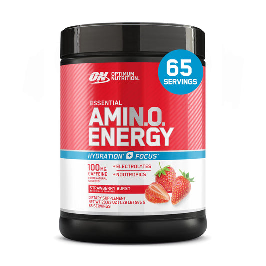 Optimum Nutrition Amino Energy Strawberry Burst bottle ready for pre-workout focus