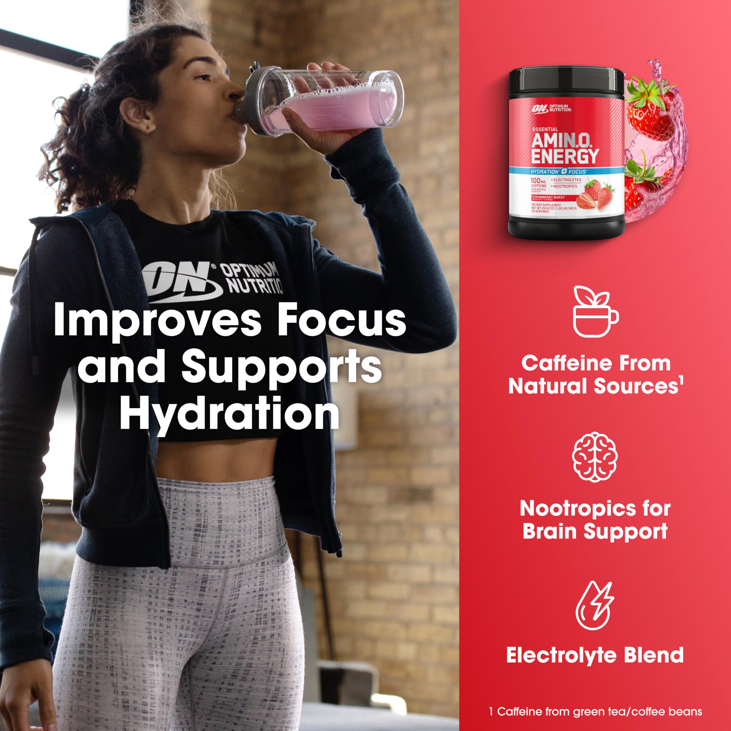 Optimum Nutrition Amino Energy Strawberry Burst glass of pink drink supporting focus