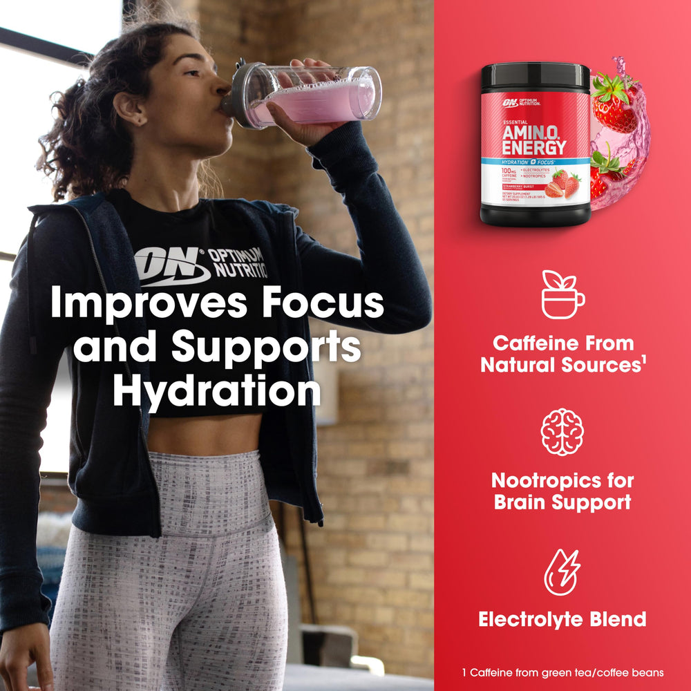 Optimum Nutrition Amino Energy Strawberry Burst glass of pink drink supporting focus