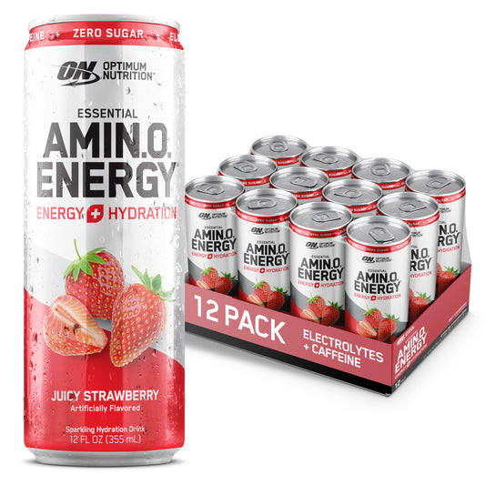 Optimum Nutrition AMIN.O Energy juicy strawberry bottle provides convenient on-the-go hydration.