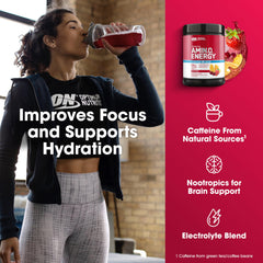 Optimum Nutrition Amin.O. Energy Powder container with nutrition facts for informed use.