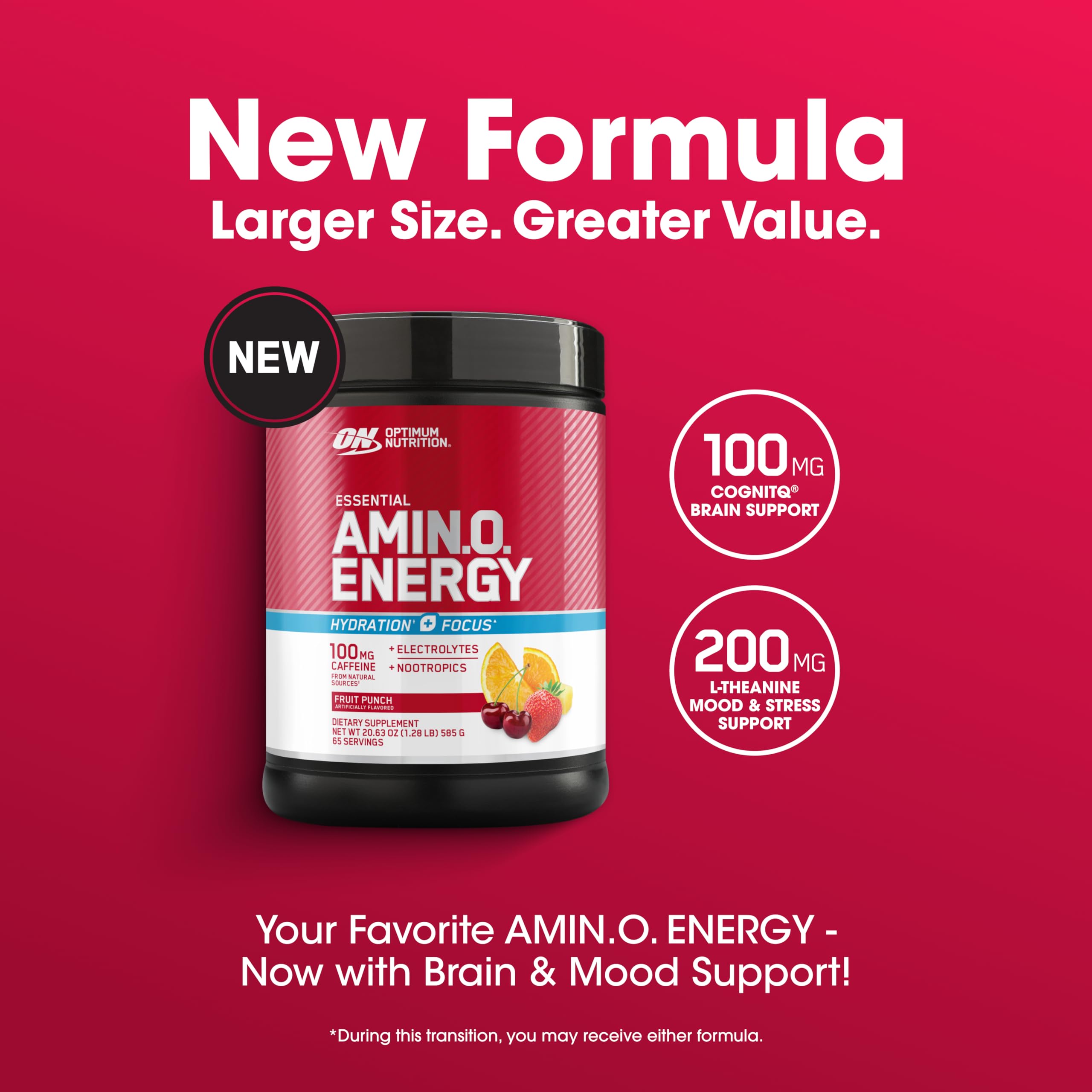 Optimum Nutrition Amin.O. Energy Powder label closeup reveals natural-source caffeine and electrolytes.