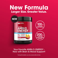 Optimum Nutrition Amin.O. Energy Powder label closeup reveals natural-source caffeine and electrolytes.