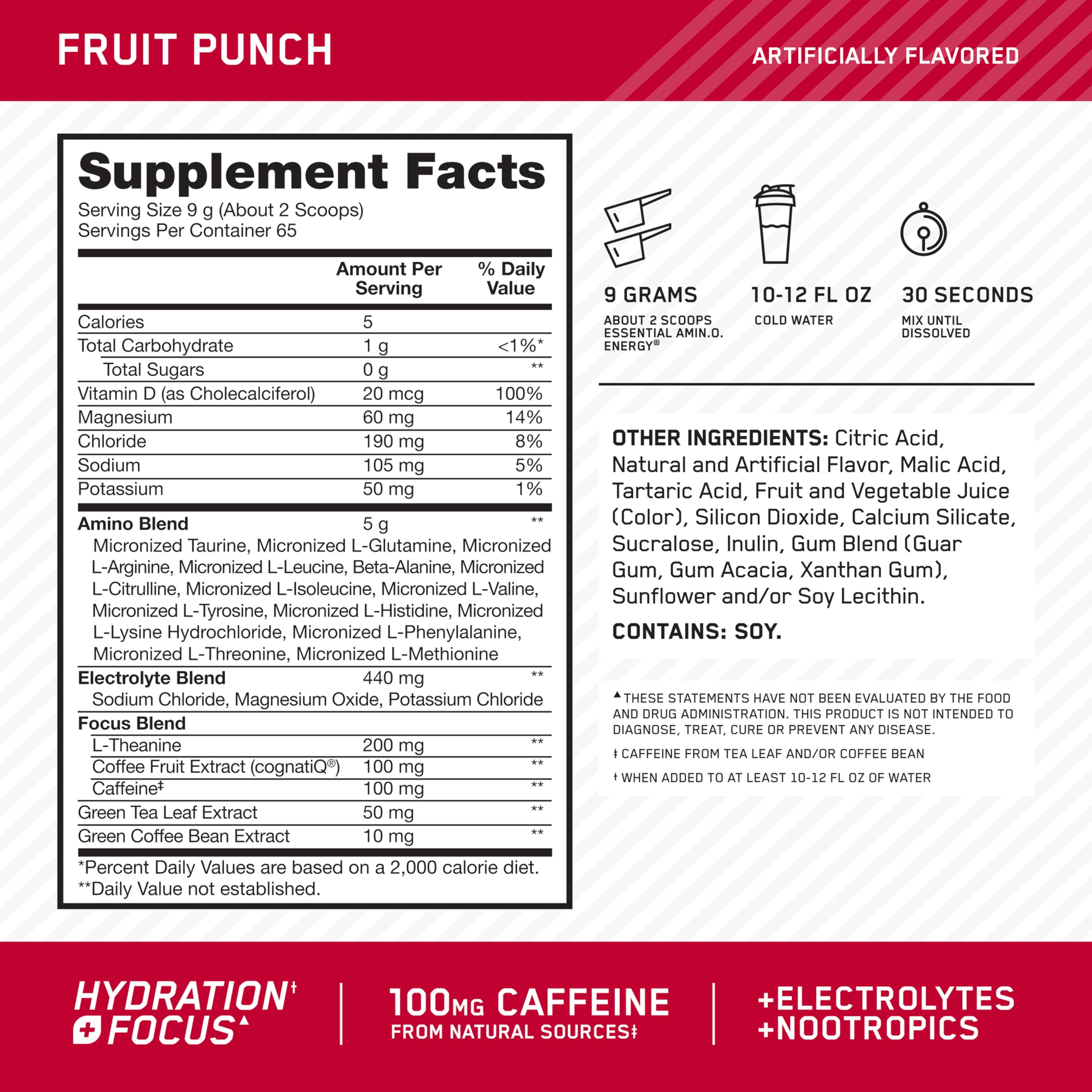 Optimum Nutrition Amin.O. Energy Powder mixed glass displaying vibrant fruit punch color and hydration appeal.