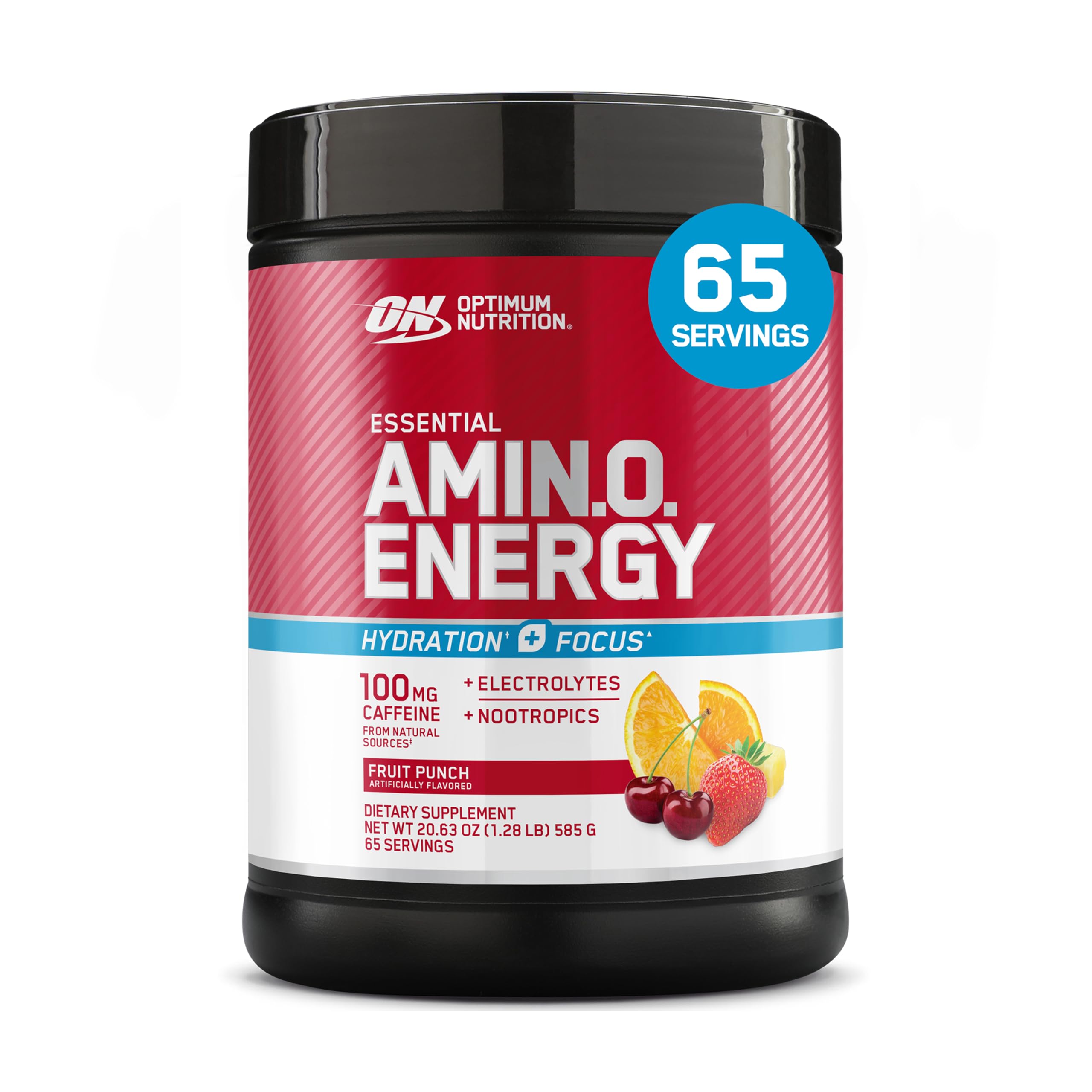 Optimum Nutrition Amin.O. Energy Powder tub front highlighting branding and flavor promise for workouts.