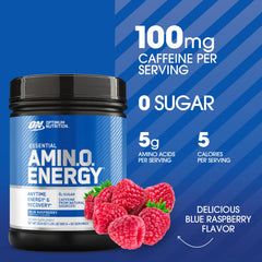 Optimum Nutrition Amino Energy blue raspberry scoop beside powder for serving size