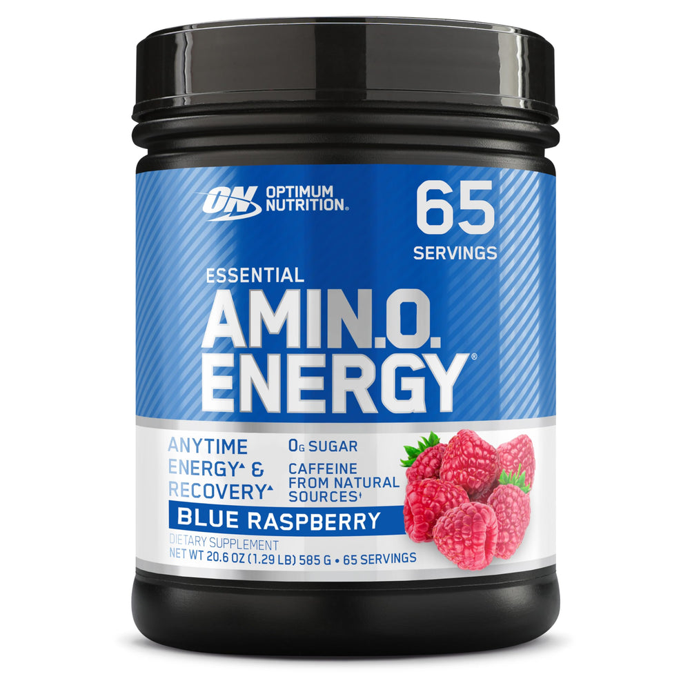 Optimum Nutrition Amino Energy blue raspberry tub label for pre-workout energy and flavor