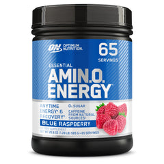Optimum Nutrition Amino Energy blue raspberry tub label for pre-workout energy and flavor