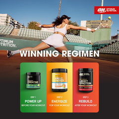 Optimum Nutrition Amino Energy bottle on a desk during a morning routine for focus.