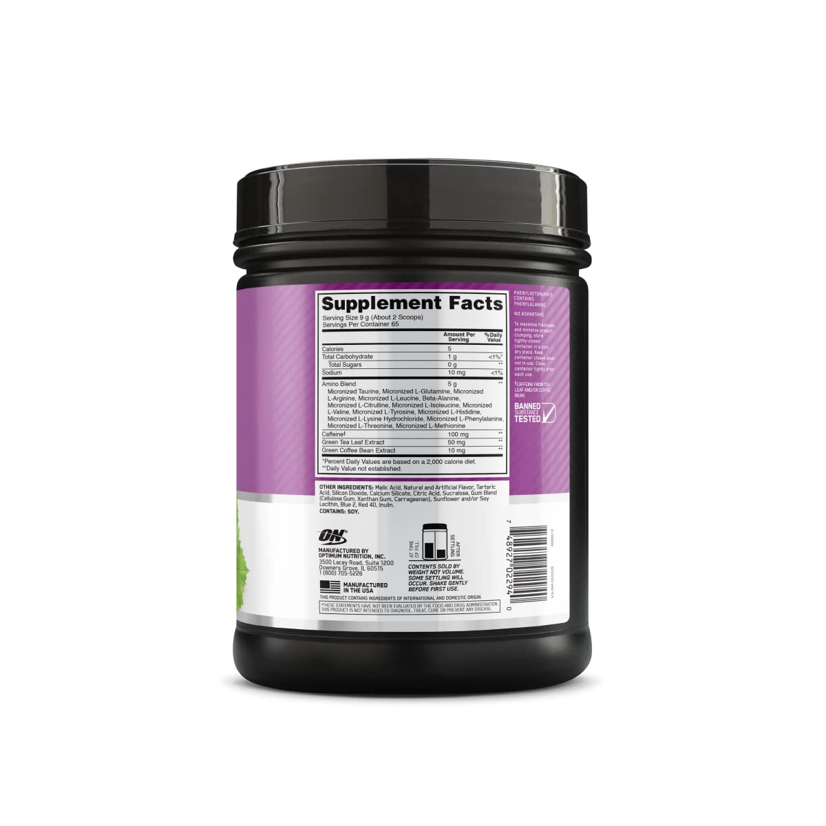 Optimum Nutrition Amino Energy Concord Grape bottle close-up emphasizing caffeine boost