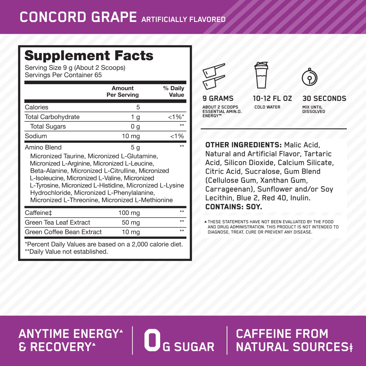 Optimum Nutrition Amino Energy Concord Grape glass shows a refreshing energy drink before workouts