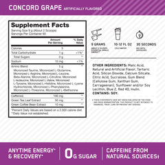 Optimum Nutrition Amino Energy Concord Grape glass shows a refreshing energy drink before workouts