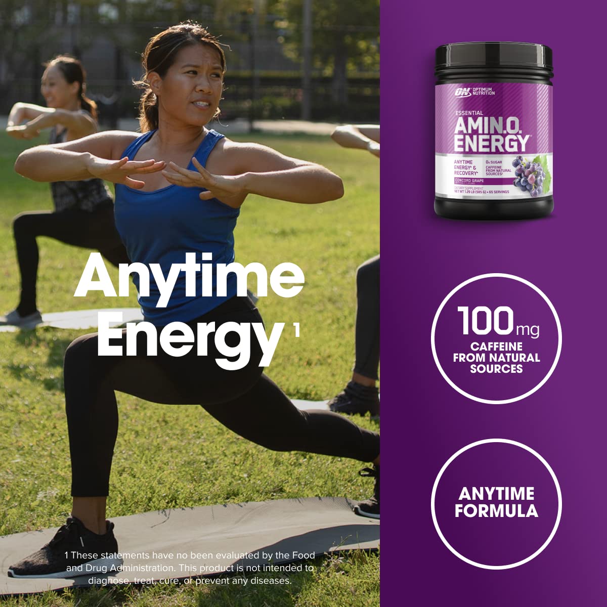 Optimum Nutrition Amino Energy Concord Grape label highlights amino blend and caffeine support