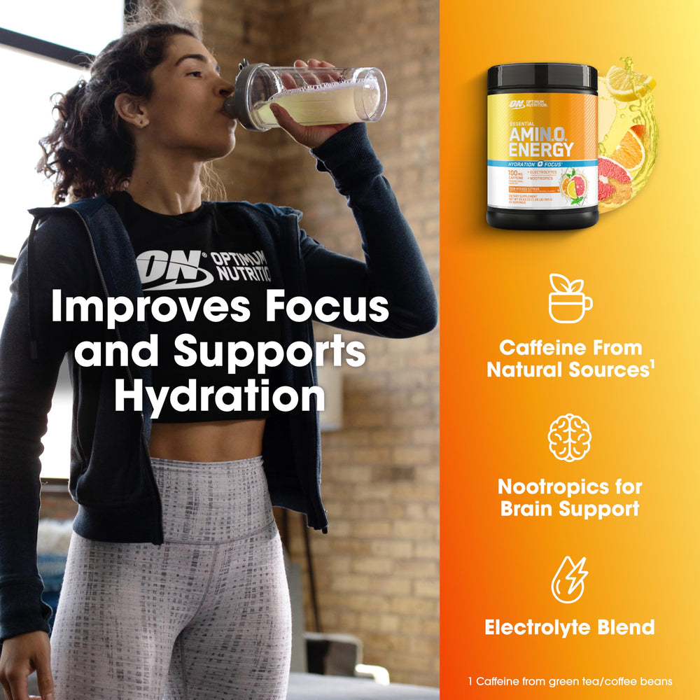 Optimum Nutrition Amino Energy Sunkissed Citrus label indicating natural caffeine sources.