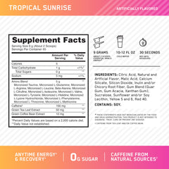 Optimum Nutrition Amino Energy Tropical Sunrise scoop mid-pour showing fast dissolving formula