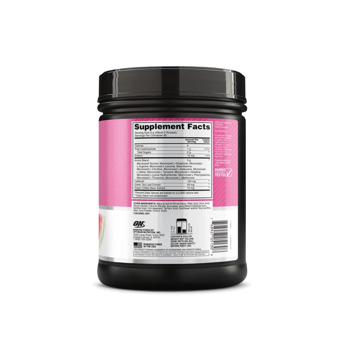 Optimum Nutrition Amino Energy Watermelon glass with ice shows refreshing flavor