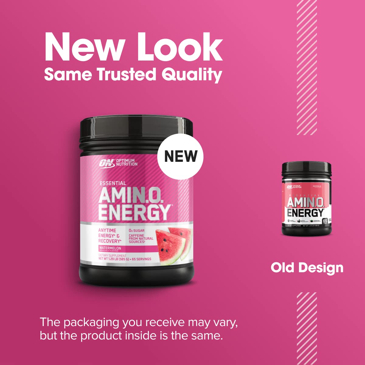 Optimum Nutrition Amino Energy Watermelon packaging emphasizes 65 servings and versatility