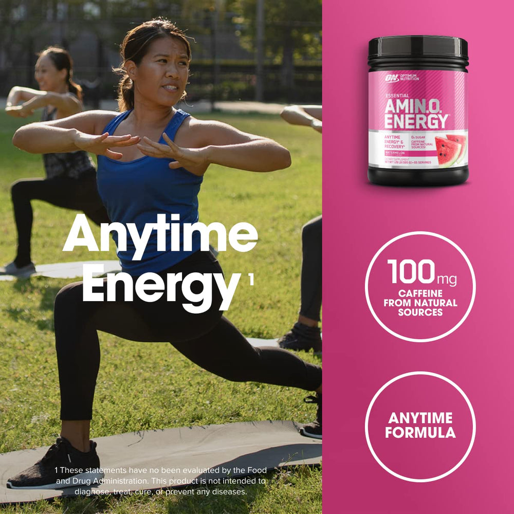 Optimum Nutrition Amino Energy Watermelon serving scoop beside water for focus