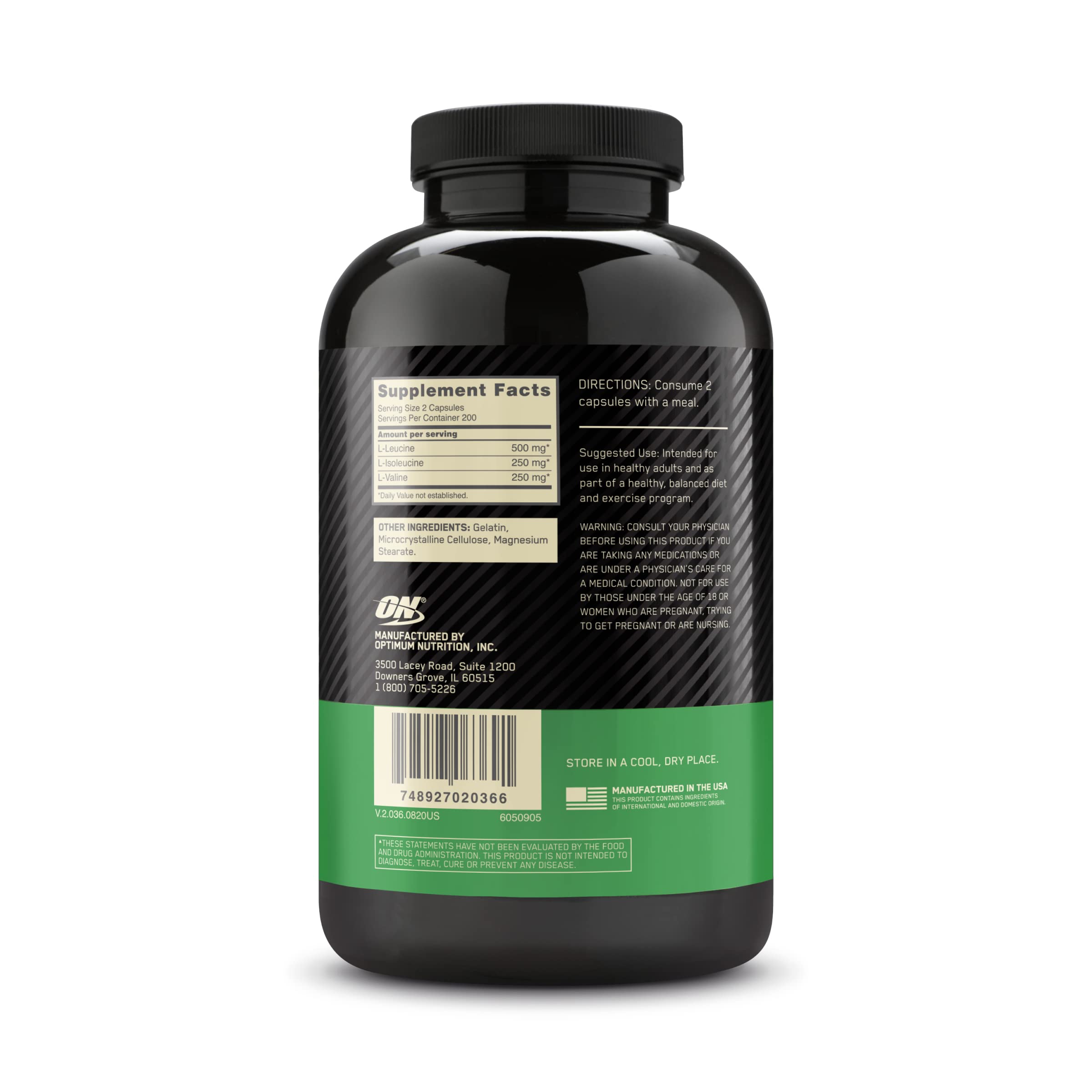 Optimum Nutrition BCAA capsules closeup of composition balance