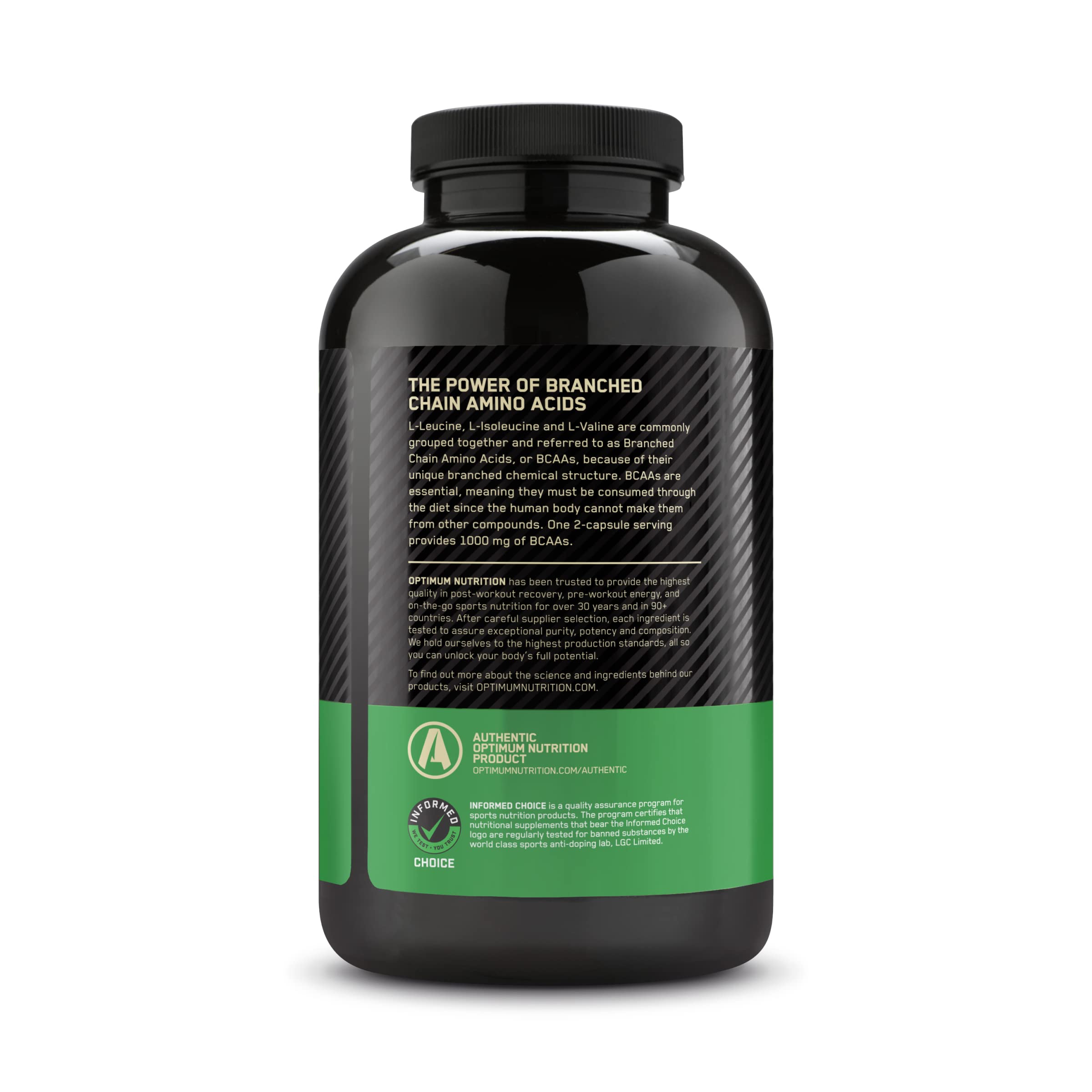 Optimum Nutrition BCAA capsules container back with nutrition facts