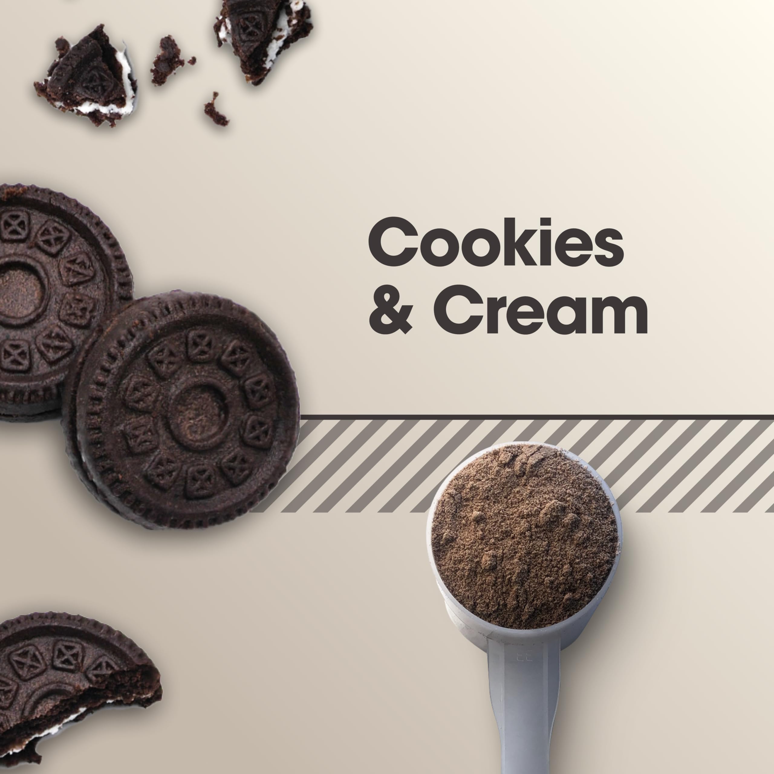 Optimum Nutrition Cookies and Cream micellar casein scoop image for easy between-meals servings.