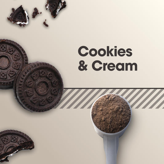 Optimum Nutrition Cookies and Cream micellar casein scoop image for easy between-meals servings.