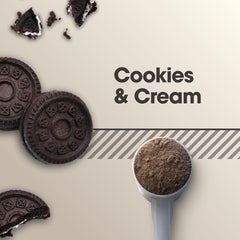 Optimum Nutrition Cookies and Cream micellar casein scoop image for easy between-meals servings.